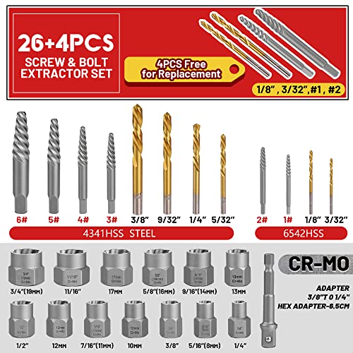 30 Pcs Spiral Screw Bolt Extractor Set Left Hand Drill Bit Set | 6542/4341 HSS Stripped Bolt Remover Borken Bolt Extractor Kit for Removing Nuts Bolts with Solid Storage Case - size: 30Pcs