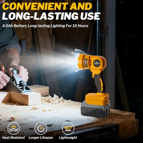 OCHESI Cordless LED Work Light Compatible with Dewalt 20V MAX Battery, 1000LM Handheld Flashlight with Two Levels and 140 Degree Rotating Wide-Angle Lighting for Workshop, Camping (No Battery)