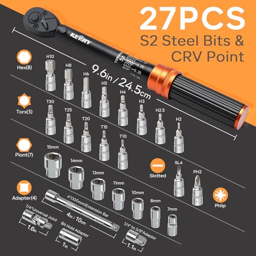 Kerry 1/4 Inch Drive Click 27 PCS Bike Torque Wrench Set, 20-240 LB.IN/2.3-27.1 Nm, Double Scale with Accessories Bit Sockets, 3/8 Adapter Extension Bar Universal Joint Tool for Bicycle Maintenance - size: 27pcs 1.67-20 FT.LB, style: 1/4"