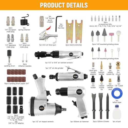 Hoteche 71-Piece Air Tool Kit | 1/2" Single-Hammer Air Impact Wrench (7000RPM), 1/2" Air Ratchet Wrench & Multiple Tools, Blow-Molded Case