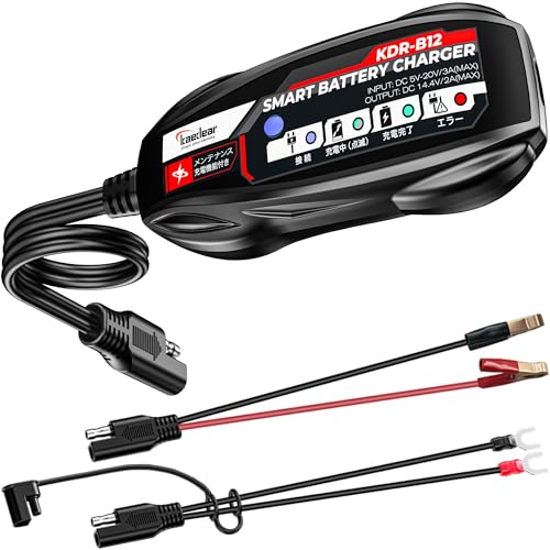 KAEDEAR Motorcycle Smart Battery Charger, USB Input, Mobile Battery Compatible, 12V, 2A, Maintenance Charging Function, Prevent Battery Damages, Perfect for Winter Storage, No Outlet Needed, KDR-B12