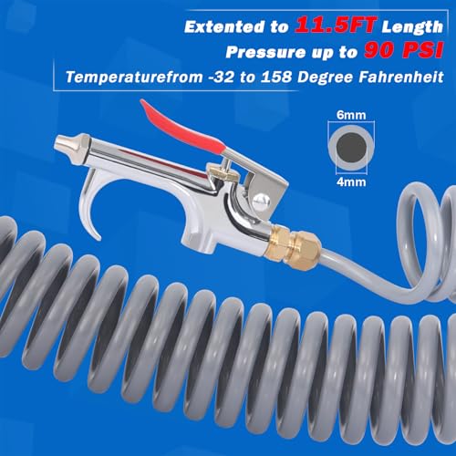 Heavy Duty Truck Air Seat Blow Gun Kit 1/4 Inch 11.5FT PA Nylon Coil Air Hose Brass Compression Fittings Connect Lever Air Duster Blow Gun Cleaning with 2 Nozzle Tips Gray - color: Gray