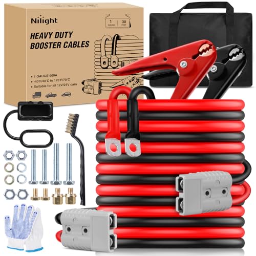 Nilight 1 Gauge 30 Feet Heavy Duty Jumper Cables 900 Amp Booster Battery Cables with Permanent Installation kit and Quick Connect Plug Includes Carrying Bag for 12V & 24V Cars SUVs and Trucks - size: 1 Guage 30 FT Quick Connect