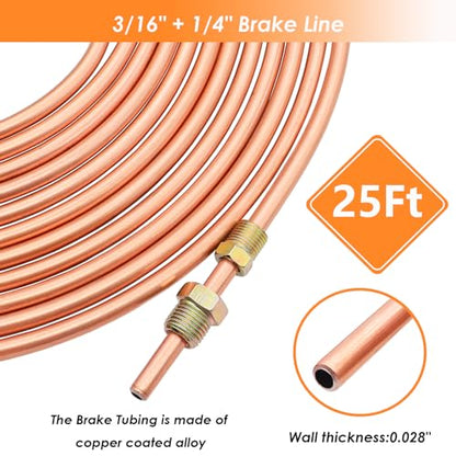 25 ft 3/16 + 1/4 Copper Coated Brake Line Tubing Kit(Includes 44 Fittings and 6 Unions) with Double & Single Flaring Tool Kit - size: 3/16 + 1/4 Inch Gold, style: Brake Line Kit