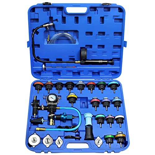 JoyFans Radiator Pressure Tester and Cooling System Pneumatic Vacuum Coolant Refill Tool 33Pcs Automotive Kit with Pressure Gauge, Radiator Adapters for Most Cars, Trucks, Airlift Blue - color: Blue Suitcase