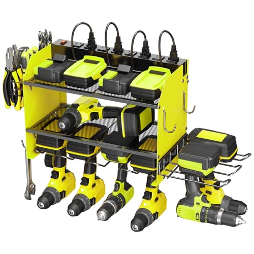 CCCEI Modular Power Tool Organizer Wall Mount Charging Station, Green 6 Drills Holder with 8 Plug Power Strip 10FT, Garage Drill Battery Heavy Duty Metal Shelf, Utility Rack with Hooks, Side Storage. - color: Green, size: 10FT Cord