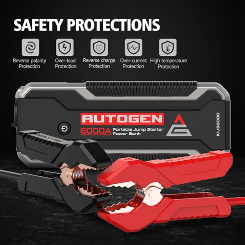 Car Jump Starter 6000A, AUTOGEN Portable Battery Jumper Starter All Gas and 10.0L Diesel Engine, Jump Start Battery Pack and Jump Box with 12V DC Output and EVA Case