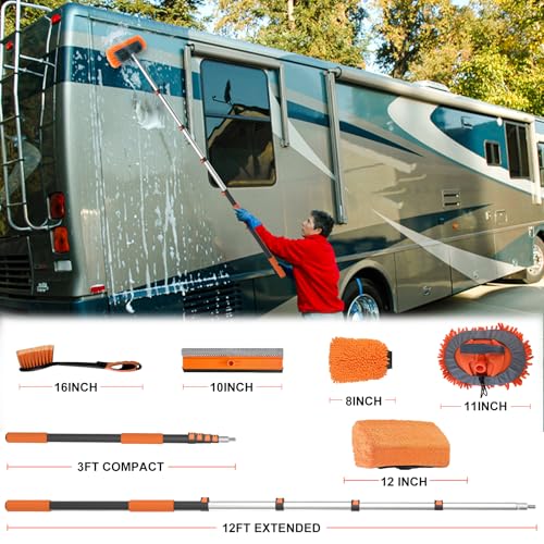 Buyplus 18FT Reach Car Wash Brush with Long Handle - Car Cleaning Kit with 3-12FT Extension Pole, Wheel Brush, Microfiber Cleaning Mop, Mitt, Window Squeegee for RV Truck SUV Boat Solar Pane Washing