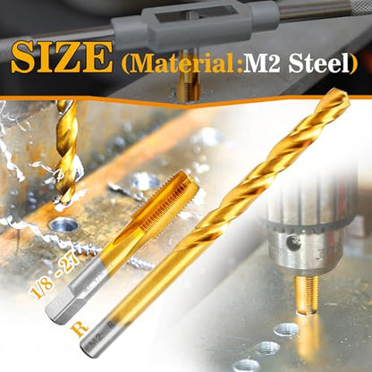 1/8-27 NPT Pipe Tap and R Drill Set,M2 HSS Hand Threading Plumbing Tap | Plumbers Mechanics DIY Thread Cutting Tools - size: 1/8-27 NPT Tap - R Drill
