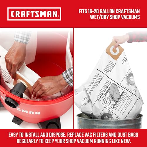 CRAFTSMAN CMXZVBE38750 Genuine 16-20 Gal. Wet Dry Vac Dust Collection Bags | For Fine Dust, Fits Most 16 and 20 Gallon CRAFTSMAN Shop Vacuums, Collects Dry Fine Debris, Reduces Cleanup Time, 2-Pack - style: 16-20 Gallon Fine Dust