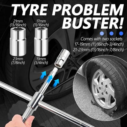 Extended Lug Nut Removal Tool Kit with 4 Way Lug Wrench,23" Telescopic Tire Iron Lug Wrench with 2 Standard Sockets(17,19,21,23mm) and Case,Portable Lug Nut Wrench for Most Vehicles