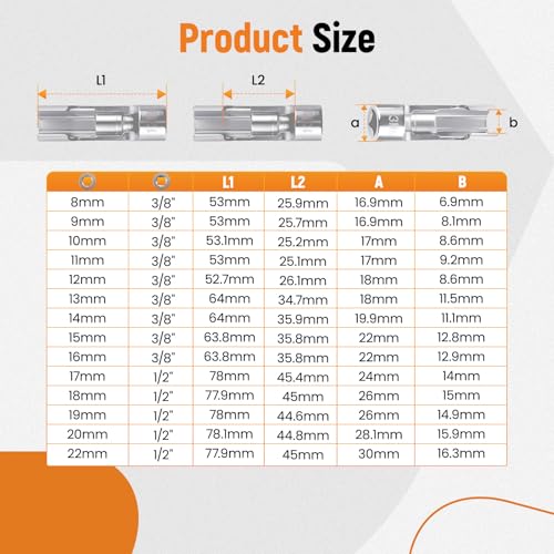 maXpeedingrods 3/8" 1/2" Drive Diesel Injector Fuel Line Socket Wrench Set, 8-22mm Metric Flare Nut Socket Set, 14 PCS 6-Point Strut Nut for Wired Temperature Sensor, Thermo Switch, Master Cylinders