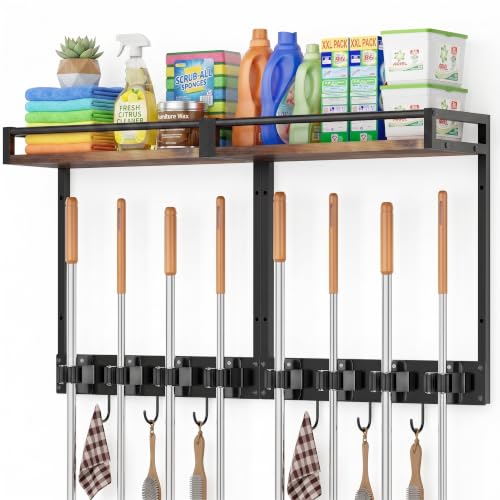 2 Packs Broom Holder Wall Mount with Shelf Load 66LBS Broom and Mop Organizer Wall Hanging Broom Hanger with 4 Mop Hanger Grippers, 3 Hooks for Laundry Room, Garage, Utility Closet, Kitchen - style: 2 Packs