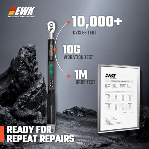 EWK 3/8" Drive Digital Angle Torque Wrench 5-100 ft-lbs (6.8-135 Nm) | ISO 6789, ±1.5% clockwise / ±2.5% counterclockwise/ ±2% Angle, LCD Display, LED Buzzer Vibration Alert, 30 Memory Values