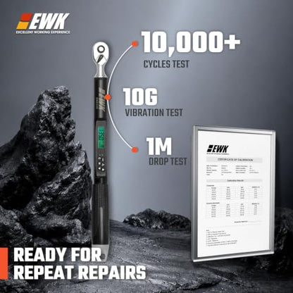 EWK 3/8" Drive Digital Angle Torque Wrench 5-100 ft-lbs (6.8-135 Nm) | ISO 6789, ±1.5% clockwise / ±2.5% counterclockwise/ ±2% Angle, LCD Display, LED Buzzer Vibration Alert, 30 Memory Values