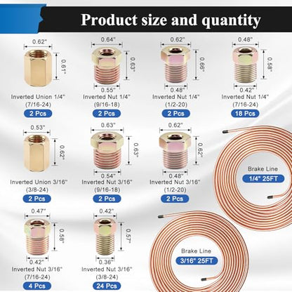 60Pcs 2 Sets 3/16 Inch & 1/4 Inch 25 FT Brake Line Tubing Kit with 58 Pcs Brake Line Fittings, Copper Coated Alloy Steel Brake Lines Kit Replacement for Hydraulic Fuel Transmission Line - size: 3/16 + 1/4 Inch Gold, style: Brake Line