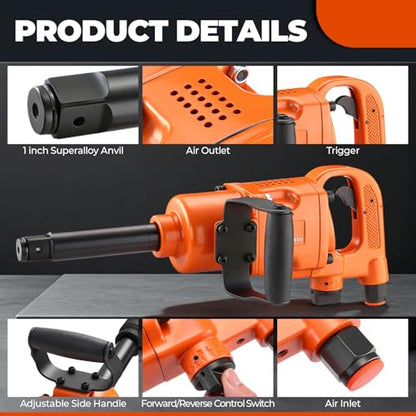 1 Inch Air Impact Wrench Gun 5000RPM High Torque 1" Pneumatic Impact Wrenches Set Metal Housing with D Handle, 38mm & 41mm Sockets 1/2" Air Inlet for Heavy Duty Repairs and Maintenance - size: 3500N.m