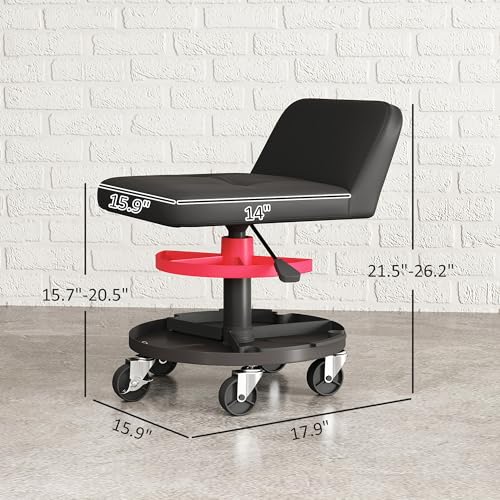 HOMCOM Rolling Mechanic Stool, 300 LBS Capacity Pneumatic Creeper Garage Stool with 360° Wheels, Backrest, Heavy Duty Roller Seat Padded Shop Chair with Tool Tray Storage, Adjustable Height, Black
