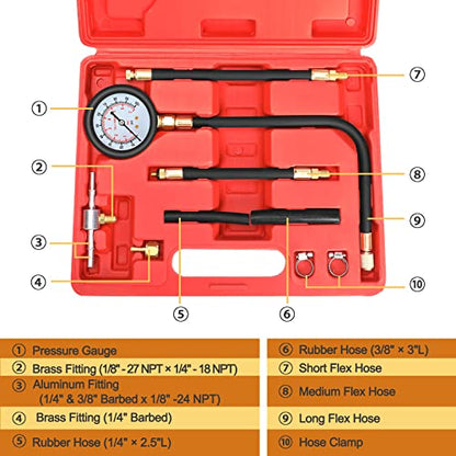 BETOOLL Fuel Pressure Test Kit - Fuel Pressure Gauge - 0-100PSI Fuel Injection Pump Pressure Tester Gauge Kit for Car, Motorcycle, Truck, RV, SUV, ATV - size: General