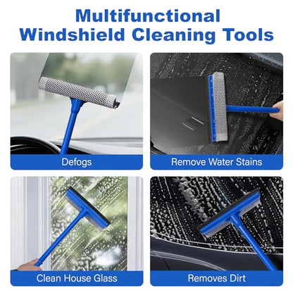 2-in-1 Car Window Cleaner, Multi-Use Car Windshield Cleaning Tool, with 15.9" Handle, 8" Soft Rubber Blade & Highly Absorbent Sponge, Home, Car, Glass, Shower, Outdoor Window Cleaning