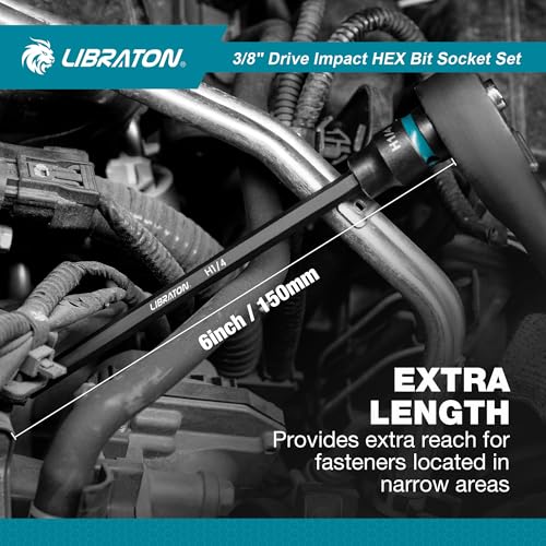 LIBRATON 3/8" Drive Long Impact Hex Bit Socket Set, Allen Bit Sockets, S2 Steel Hex Head Sockets, 20PCS Allen Wrench Socket, SAE&Metric Allen Bit Socket Set, 6" Long Allen Key Socket, Blow Molded Box