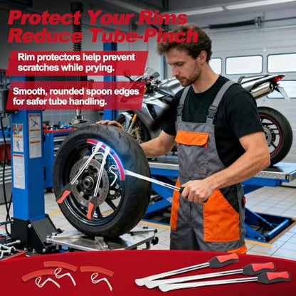 38PCS Tire Spoons Tool Set, Premium Tire Irons Tire Changing Kit with 14.5" & 11.5" Levers for Motorcycle, Dirt Bike & Lawn Mower, including Rim Protectors, Valve Tools & Accessories - size: 2 × 14.5" + 1 × 11.5"