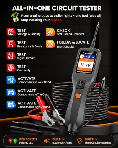 ANCEL PB60 Automotive Power Circuit Probe Tester 12-24V, All-in-One Electrical Diagnostic Tool with Component Activation, Short Finder, Digital Multimeter Ohmmeter Functions for Cars Trucks RVs ﻿ - color: Orange-Black