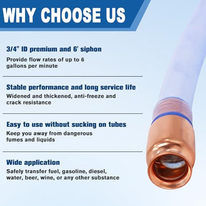 3/4" Gas Siphon Hose, Shaker Siphon for Gasoline/Fuel/Water Transfer, Safety Self Priming Hose 6ft - size: 1 Pack