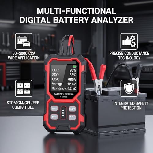 Hilitand Battery Tester, Digital Battery Analyzer for 12V 24V 50 2000 CCA Batteries with 2.68 inch Color Display 14F to 122F for Cars Trucks RV Boat