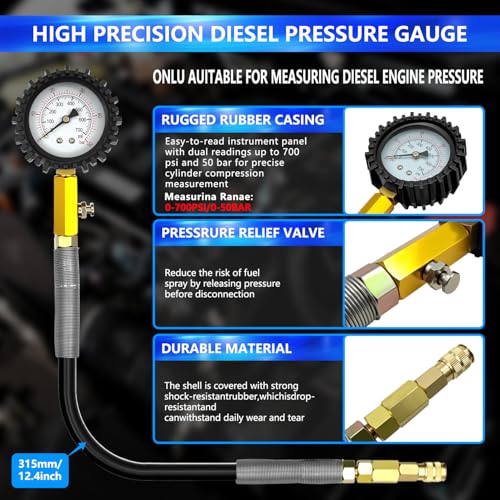 ZKTOOL 47PCS Compression and Leakage Test Kit Petrol & Diesel Dual Gauge Engine Compression Tester Kit Automotive Cylinder Leak Down Tester Kit for HDI, TDCi, Pumpe Duse Engine，0-725PIS - size: Standard 725 PSI | 46-Piece Kit