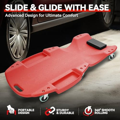 Auto Dynasty 47 Inches Mechanic Creeper, Automotive Garage Repair Low Profile Under Car Rolling Creeper with Padded Headrest, Plastic, Red - color: Red