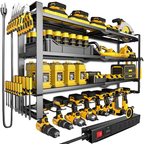 MOOMSINE Large Power Tool Organizer Wall Mount with Charging Station for Garage, 400lbs Metal Storage Rack with 8 Cordless Drill Holder, 4 Tier Heavy Duty Battery Tool Shelf with 5 Outlet Power Strip - size: 32 Inch（4 Tier Power Station）