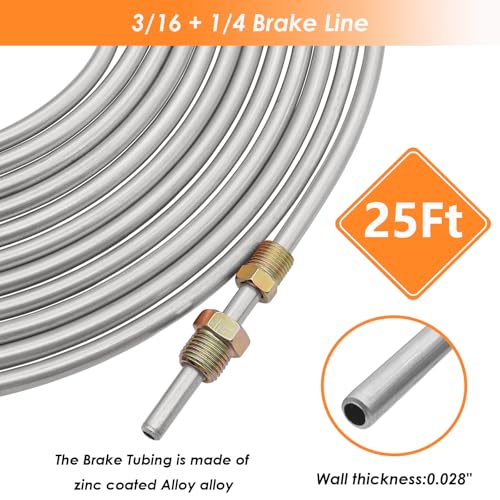 25 ft 3/16 + 1/4 Zinc Coated Alloy Brake Line Kit(Includes 48 Fittings and 8 Unions) with Tube Bender and Double & Single Flaring Tool Kit - size: 3/16 + 1/4 Inch Silver, style: Brake Line Kit & Tube Bender