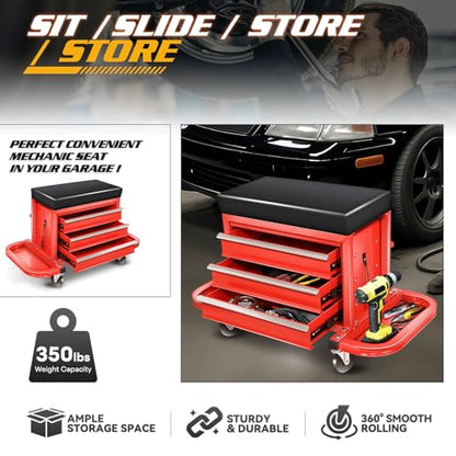 Magshion 3-Drawer Rolling Tool Chest, Mechanic Seat on Wheels with Drawers, Side Tool Tray & Rear Rack for Garage, Warehouse & Repair Shop, 350 Lbs Max Weight Capacity, Red - color: Red