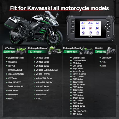 Motorcycle Bidirectional Diagnostic Scan Tool for Kawasaki, iCarsoft MT V6 All System Motor OBD2 Scanner- All Actuation Tests, Special Functions, Battery Test, Also for Car OBD2 Diagnose-Upgraded Ver