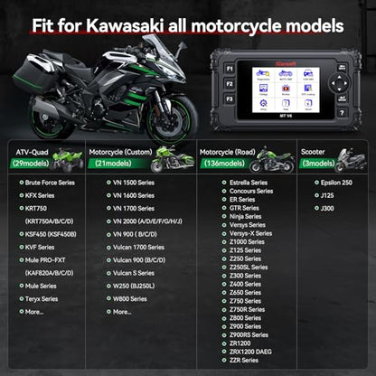 Motorcycle Bidirectional Diagnostic Scan Tool for Kawasaki, iCarsoft MT V6 All System Motor OBD2 Scanner- All Actuation Tests, Special Functions, Battery Test, Also for Car OBD2 Diagnose-Upgraded Ver