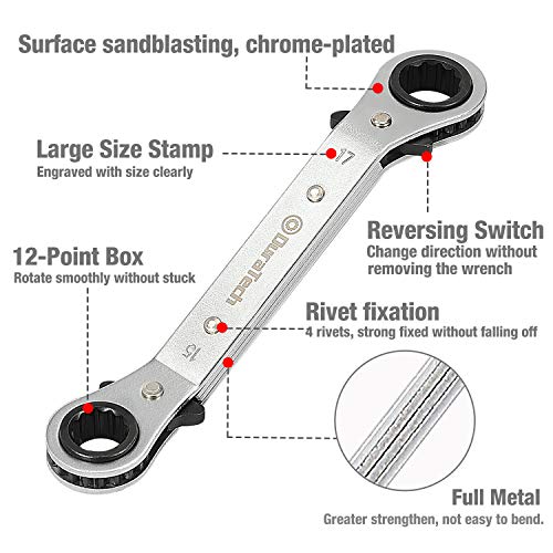 DURATECH 5 Pc Double Offset Box End Reversible Ratcheting Wrench Set Metric, Heavy-duty, Matte Chrome Plated, Ratchet Spanner Crooked for Narrow Spaces (6x8 mm, 10x12 mm, 13x14 mm, 15x17 mm, 19x21 mm) - size: Metric