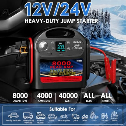 8000A 12V/24V Jump Starter for Large Gas & Diesel Engines, Heavy-Duty Portable Battery Booster Pack for Trucks, RVs & Commercial Vehicles with Force Start, Digital Display, LED Light & USB Charging