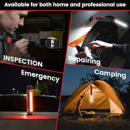 Rechargeable LED Work Light, Magnetic Flashlight Mechanic Light Tool for Men Him, Foldable Lamp with Hook for Car Repair Emergency BBQ Grill (2 Pack) - style: 350 Lumens+600 Lumens