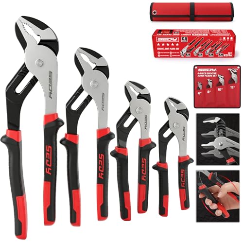 4-Piece Groove Joint Pliers Set, 12" 10" 8" 6" Adjustable Water Pump Pliers with Non-Slip Handles, Straight Jaw Tongue and Groove Pliers for Plumbing, Pipe Fittings, Nuts, Bolts and Home Repair - color: 4pc - 6" 8" 10" 12" Red & Black