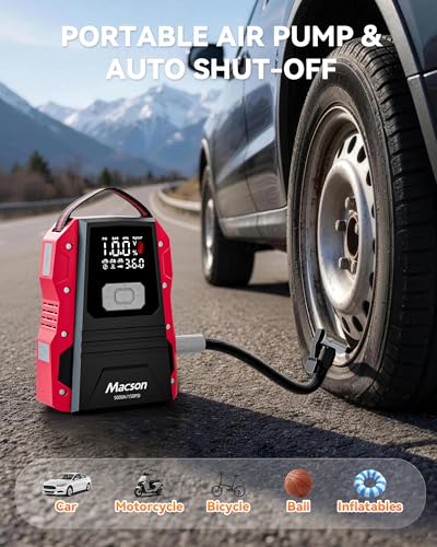5000A Jump Starter with Air Compressor - Portable 12V Jump Box Battery Pack for 9.0L Gas/8.0L Diesel Engines, Car Jumper Starter Portable with 150PSI Tire Inflator, LED Screen, Fold-Up LED Flashlight
