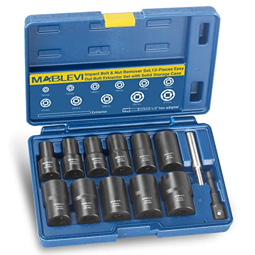 MABLEVI 13 PCS Bolt Extractor Set, 1/2" Drive Impact Lug Nut Remover Socket Tool with Center Punch Bar for Damaged, Frozen, Studs, Rusted, Rounded-Off Bolts & Screws - size: 13-piece