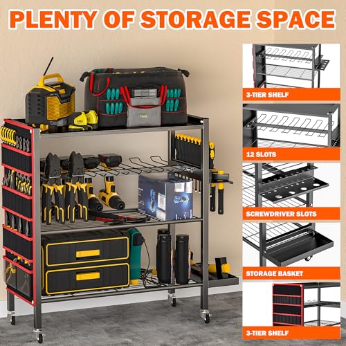 Ultrawall Power Tool Organizer Cart, 4-Tier Rolling Tool Storage Stand with Wheels, Garage Floor Tool Holder with Side Storage Pockets, Gift for Men