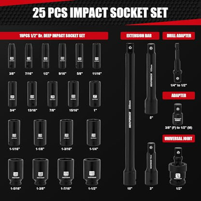 MIXPOWER 25 PCS 1/2” Drive Impact Socket Set, 3/8" to 1-1/2" Deep Socket, 6-Point Hex Socket with Portable Case,SAE,CR-V&CR-MO Steel - size: 25 PCS(3/8"-1-1/2")