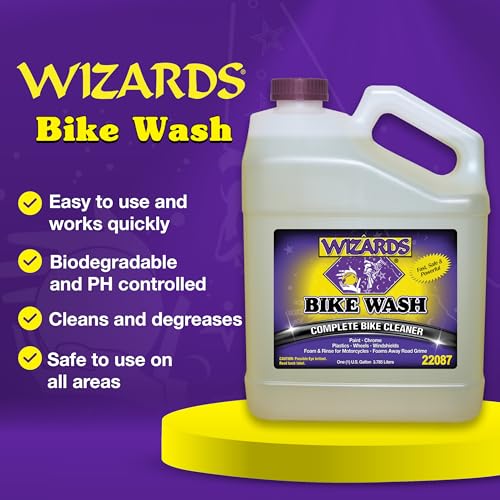 Wizards Complete Bike Wash - Motorcycle Cleaner Spray, Foaming pH-Controlled Formula Lifts Road Grime, Brake Dust and Engine Grease from Paint, Chrome and Plastics for Bike Detailing - 1 Gallon - size: 1 Gallon