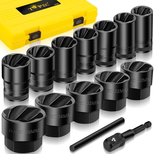 Topec Large Lug Nut Remover Socket Set 17-36mm, 1/2" Drive Wheel Lock Removal Tool, Heavy Duty Bolt Extractor Kit for Stripped, Damaged, Rounded Spindle Axle Nut, 14-Piece
