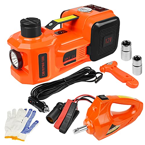 Electric Hydraulic Car Floor Jack Kit 12V DC 5 Ton with Electric Impact Wrench & Tire Inflator Pump Light, 4 in 1 Car Jack Lift Kit for SUV RV Truck Car Emergency Tire Change