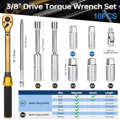 YIYEIE 10PCS Full Magnetic Spark Plug Socket Set with 3/8" Drive Torque Wrench (5-50 FT.LB/6.8-67.8Nm), Swivel Magnetic Spark Plug Removal Kit Includes 14, 16, 18mm& 9/16, 5/8, 3/4, 13/16 Inch Sockets