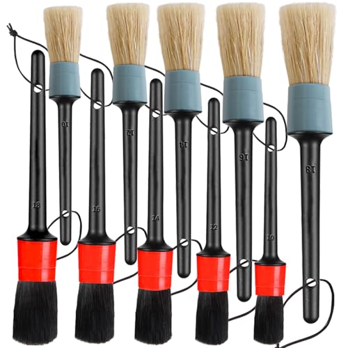 Detailing Brush Set - 10 Pcs Detail Brushes Car Detailing, Auto Boar Hair Car Detail Brush for Cleaning Car Interior Exterior, Vehicles Wheels Leather Engine Dashboard - color: Car Detail Brushes Black+gray