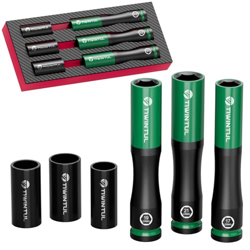 1/2" Extra Long Lug Nut Socket Set, 6Pcs Metric 17 19 21 mm | Non-Marring Wheel Protector, Impact Deep Socket Set, CR-MO Steel & 6-Point, Thin Wall 150mm, 3 Protective Covers, for Tire - size: 6 PCS(Metric)